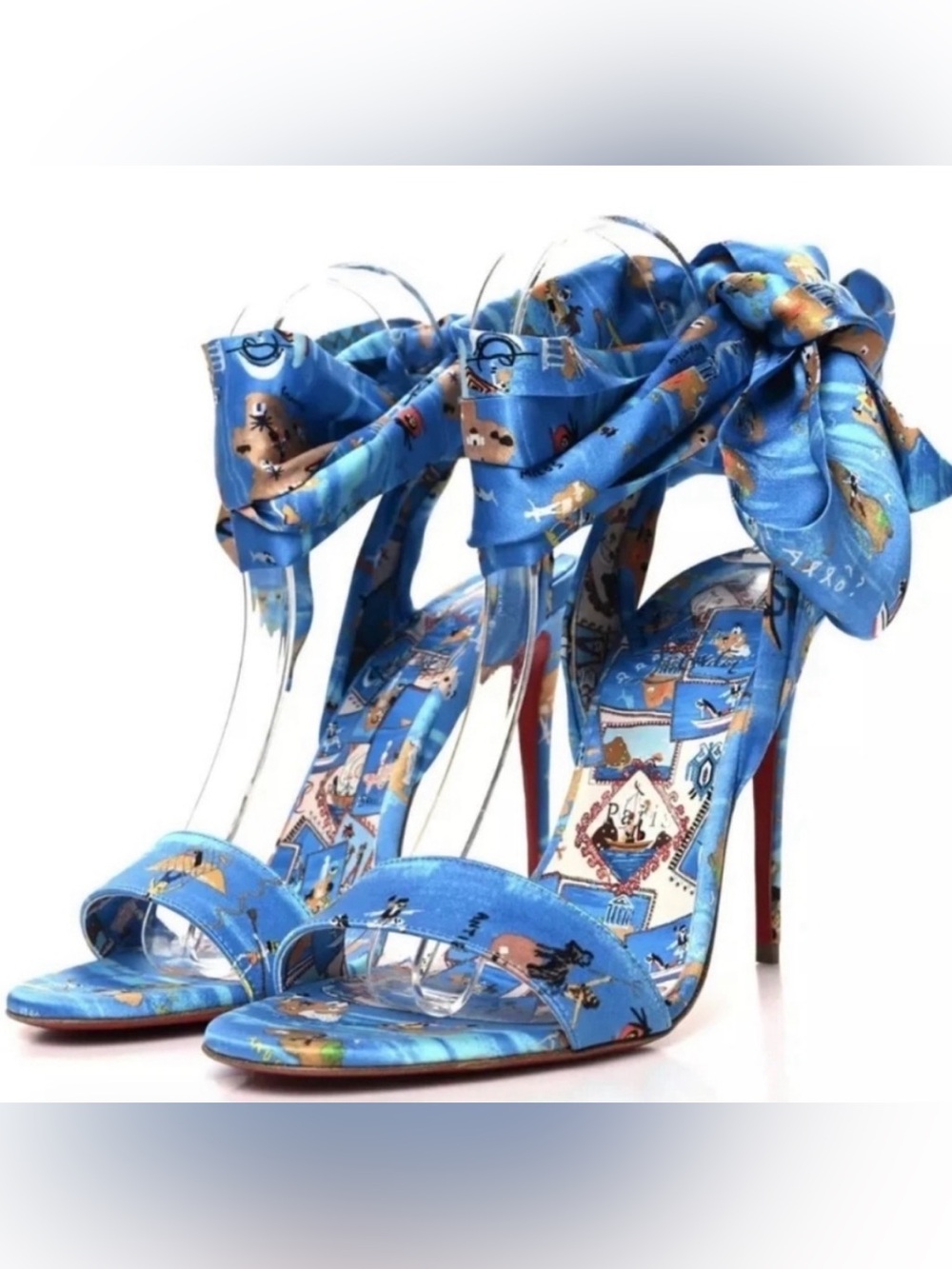 Christian Louboutin Blue Printed Ankle-Tie Stiletto Sandals
